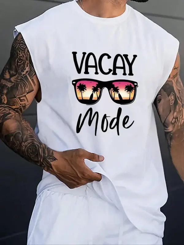 Men's Letter & Glasses Print Round Neck Tank Top, Regular Fit Casual Sleeveless Graphic Top for Summer, Men's Top for Daily W...