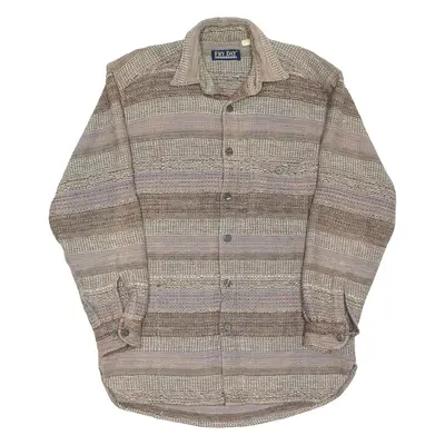 Mens Flannel Shirt Beige Striped Long Sleeve L