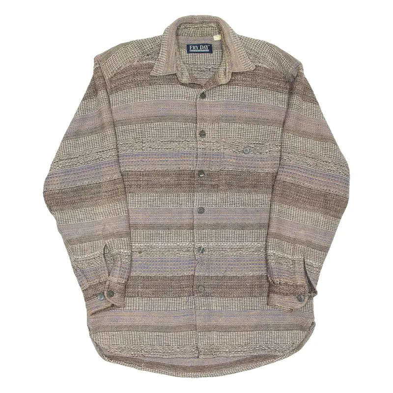 Mens Flannel Shirt Beige Striped Long Sleeve L