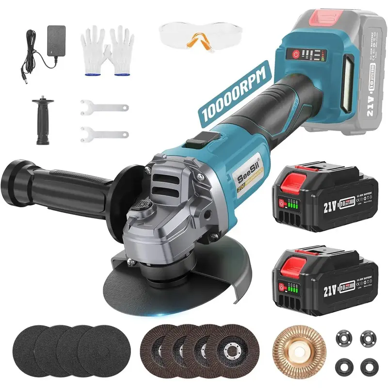SEESII Cordless Angle Grinder Kit with 2x4.0Ah Batteries, 10000RPM Brushless Electric Metal Grinder w/ 4-1/2 Cutting Wheel,...
