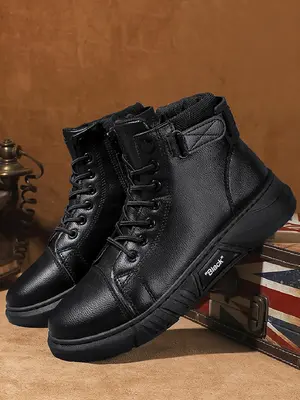 Men's Fashion Solid Color Lace up Ankle Boots, Casual Outdoor Climbing Hiking Boots, Letter Patch Decor Zip Front Combat Boo...