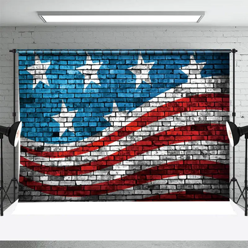 Blue Red Flag Brick Wall Independence Day Backdrop - Aperturee