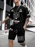 Men's Letter & Number Print Short Sleeve Tee & Shorts Set, Regular Fit Casual Round Neck T-shirt & Track Shorts, Summer Cloth...