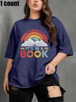 【Plus Size】 Book & Letter Print Round Neck Tee, Fashion Casual Crew Neck Short Sleeve T-Shirt for Daily Outdoor Wear, Wom...