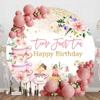 Round Time Four Tea Floral 4th Birthday Backdrop - Aperturee