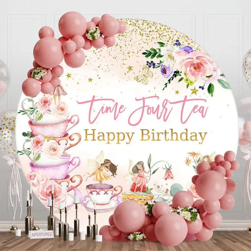 Round Time Four Tea Floral 4th Birthday Backdrop - Aperturee