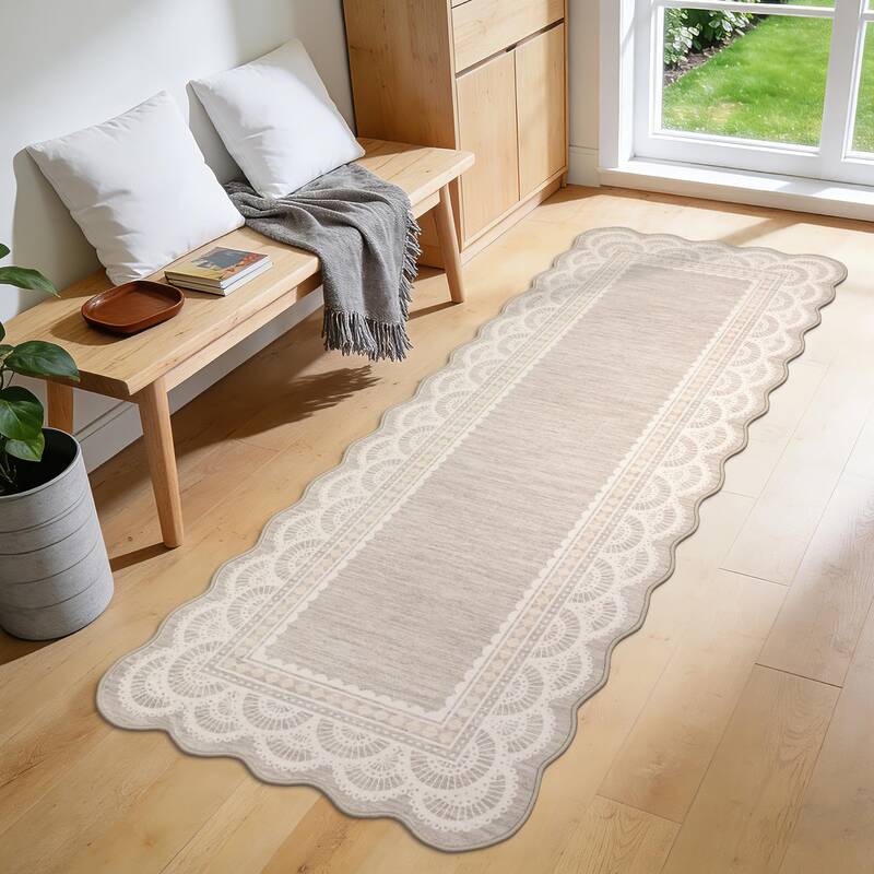 Garvee Scalloped Hallway Runner Rug 2x6 with Lace Border, Non-Slip & Washable, Polyester, Stain Resistant, Thin Foldable Desi...