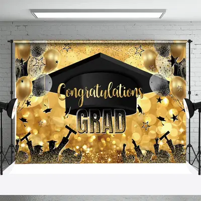 Golden Hat Balloons Bokeh Star Graduation Backdrop - Aperturee