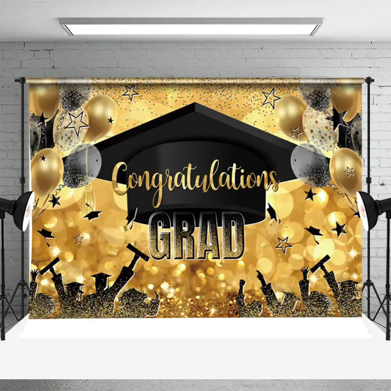 Golden Hat Balloons Bokeh Star Graduation Backdrop - Aperturee