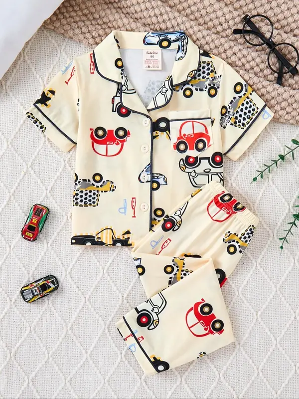 Boy's Cartoon Car Print Contrast Binding Pajama Two-Piece Set, Cute Casual Comfy Short Sleeve Button Up Top & Pants PJ Set, B...