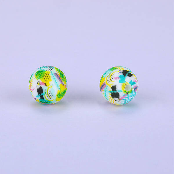 Printed Round with Bird Pattern Silicone Focal Beads