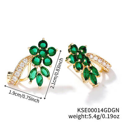 Elegant Brass Rhinestone Leaf Stud Earrings