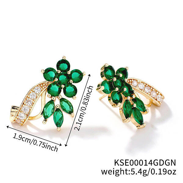 Elegant Brass Rhinestone Leaf Stud Earrings