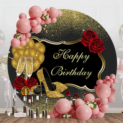 Black Gold Glitter High Heel Round Birthday Backdrop