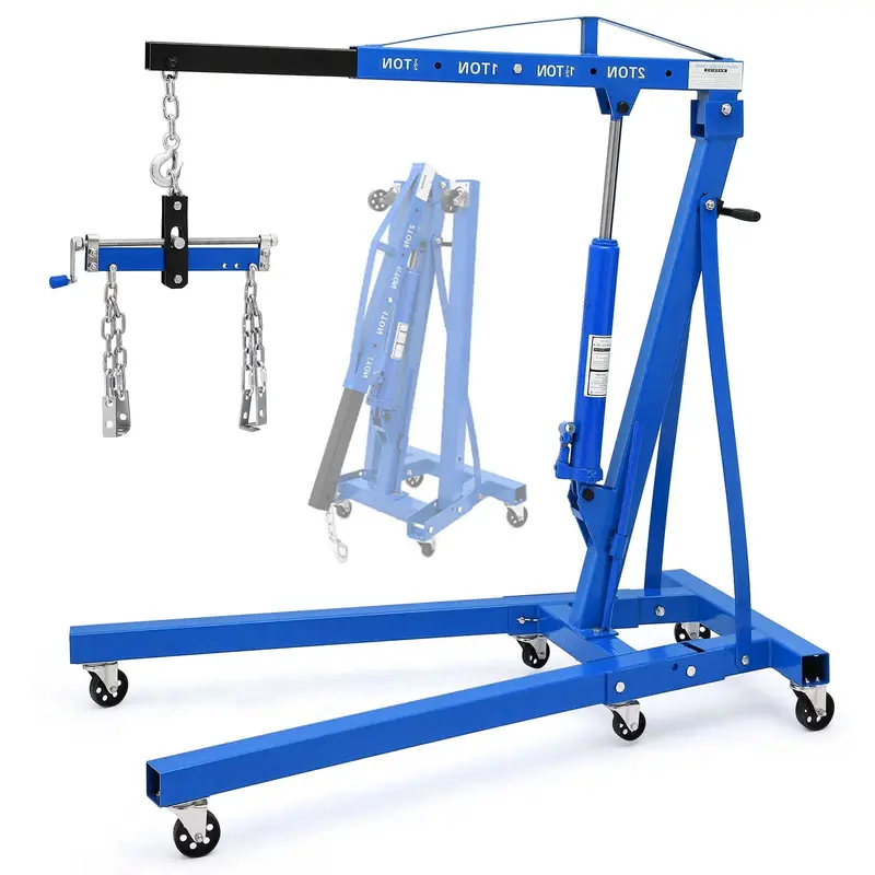 Garvee Engine Hoist 2 Ton Heavy Duty Folding Hydraulic Lift with Telescopic Boom, 6 Iron Casters, Carbon Steel, Lever, Blue -...