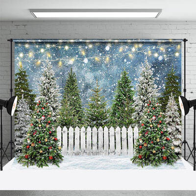 Pine Trees White Fence Light Snowy Winter Backdrop - Aperturee
