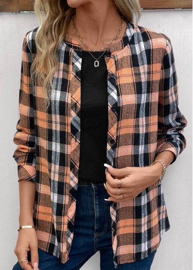 Modlily Orange Button Plaid Long Sleeve Round Neck Blouse - L