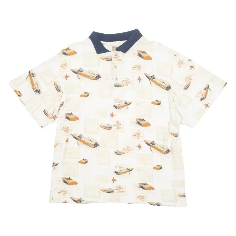 NATURAL ISSUE Nautical Mens Polo Shirt Cream Crazy Pattern XL