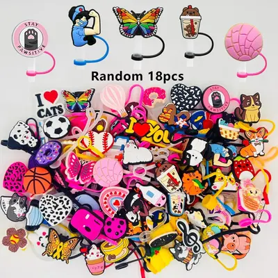 Random Color Cute Cartoon Animal Butterfly Design Straw Cap, 18pcs/set Reusable Straw Cap, Cup Straw Covers for Girl, Drinkwa...