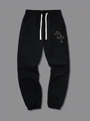 Men's Cross Print Pocket Drawstring Waist Sweatpants, Casual Jogger Pants for Daily Wear, Mens Bottoms for Summer