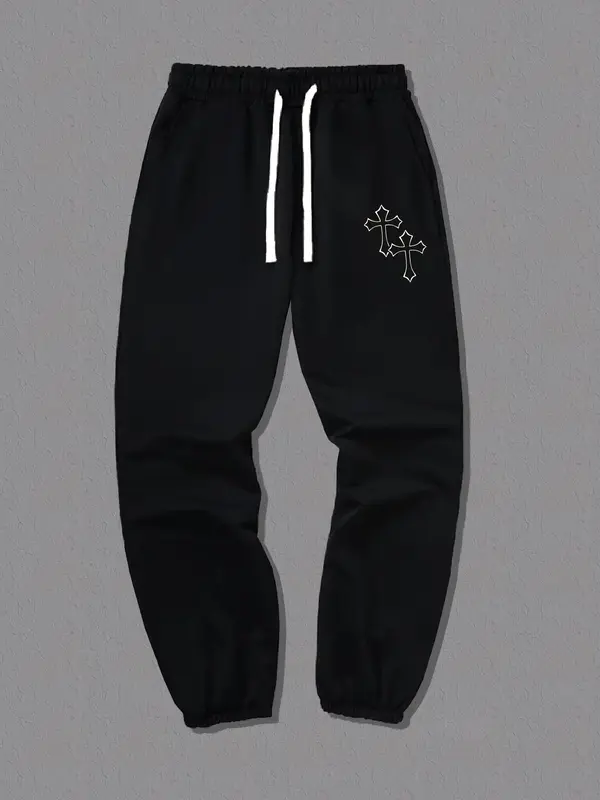 Men's Cross Print Pocket Drawstring Waist Sweatpants, Casual Jogger Pants for Daily Wear, Mens Bottoms for Summer