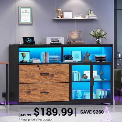 SEDETA 59 Inch File Cabinet Display Cabinet with LED Lights Power Strip for Home Office Fit Legal/Letter/A4 File Rustic Brown...