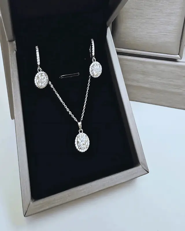 Diamond Pendant Necklace + Diamond Drop Earrings Jewelry Bundle Set - Perfect Round