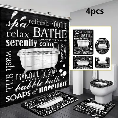 Creative Bathtub & Letter Pattern Bathroom Decoration, 1/4 Counts Modern Decorative Shower Curtain & Toilet Mat, Waterproof B...