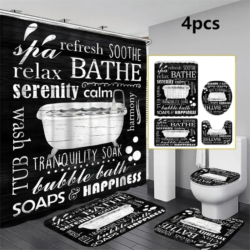 Creative Bathtub & Letter Pattern Bathroom Decoration, 1/4 Counts Modern Decorative Shower Curtain & Toilet Mat, Waterproof B...