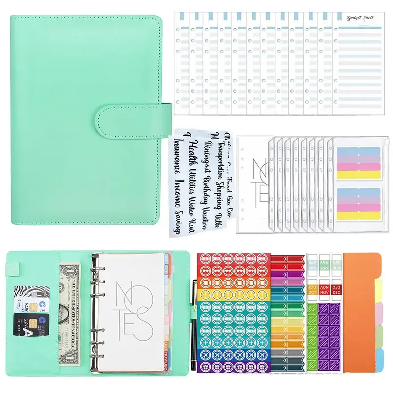 1 Set Budget Planners Journal Planner Notebook Kit, A6 Loose Leaf Journal Notebook with Cash Envelopes & Expense Sheets, Refi...