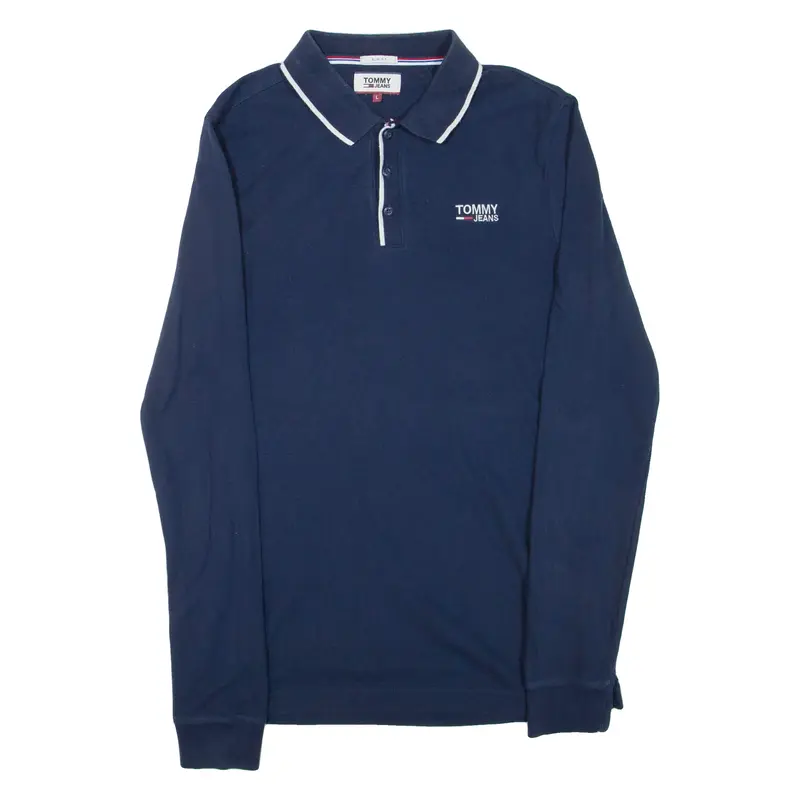 TOMMY JEANS Slim Fit Mens Polo Shirt Blue Long Sleeve L