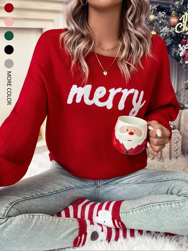 WOMEN'S RED PULLOVER SWEATER, CHRISTMAS FALL/WINTER 2025 OUTFIT, ROUND NECK CASUAL CUTE PULLOVER SWEATER FOR WOMEN, SUITABLE ...