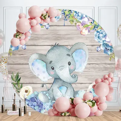 Aperturee Blue Elephant And Floral Round Wood Baby Shower Backdrop