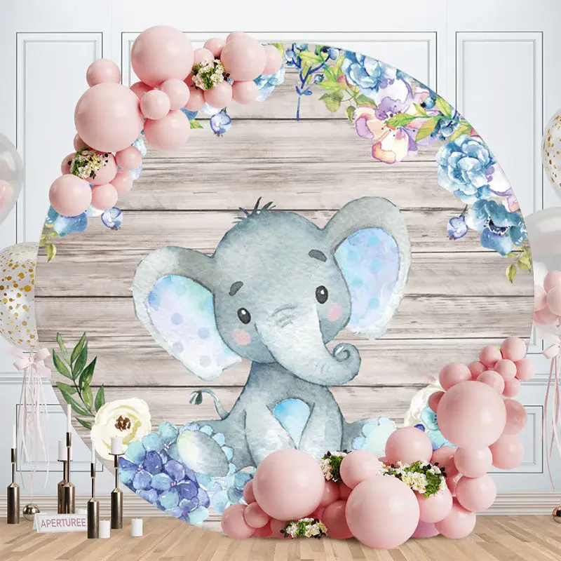Aperturee Blue Elephant And Floral Round Wood Baby Shower Backdrop