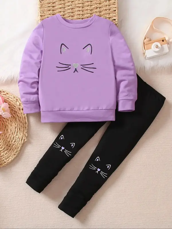 Two-Piece Set Toddler Girl's Cat Print Sweatshirt & Leggings Set, Cute Long Sleeve Round Neck Pullover & Skinny Pants for Sp...