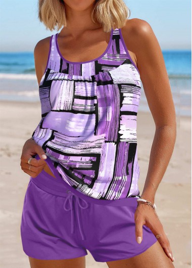 Modlily Tie Geometric Print Purple Tankini Set - XXL