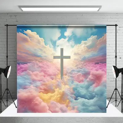 Aperturee Magnificent Rainbow Clouds Cross Easter Backdrop, 3X2FT(1MX0.6M), 14 USD, easter backdrops, NYHD6I11-M