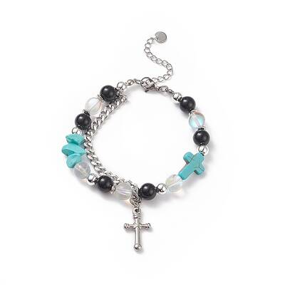 Natural & Synthetic Mixed Stone Beaded Bracelet with Cross Charm