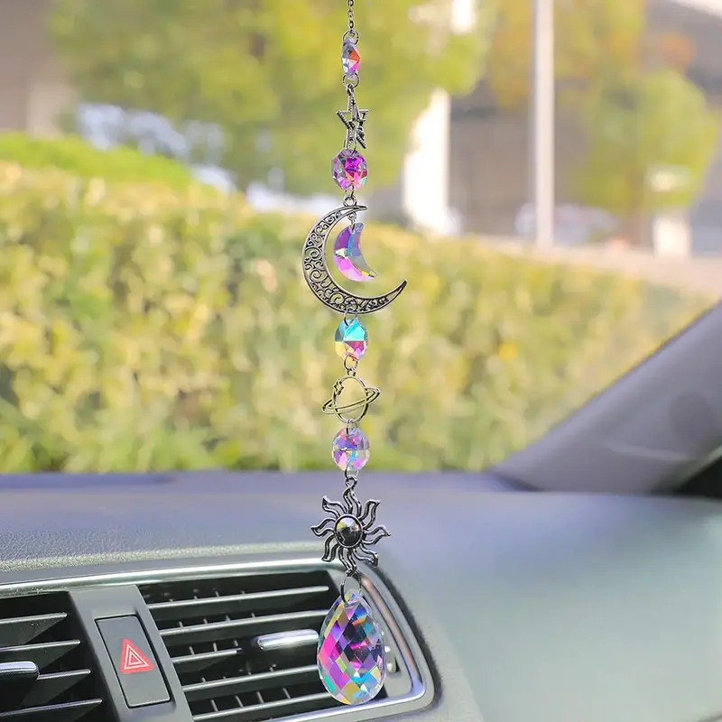 Artificial Crystal Sun Catcher for Summer Gift, Moon & Star Shaped Car Hanging Ornament, Car Hanging Decoration for Home Gard...