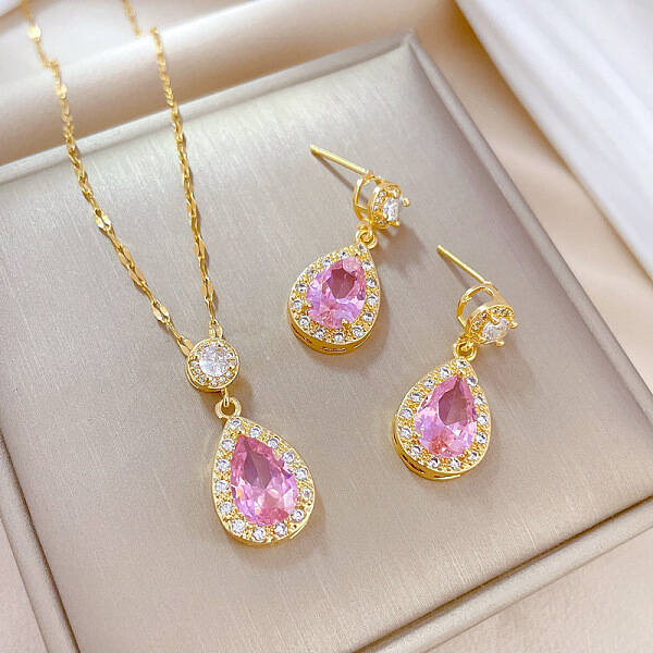 Brass Micro Pave Cubic Zirconia Pendant Necklace & Stud Earrings