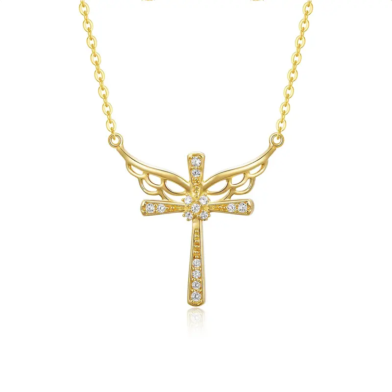 14K Gold Cubic Zirconia Angel Wing & Cross Pendant Necklace