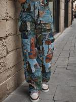 Women's Patchwork Art Print Pocket Cargo Pants, Casual Bohemian Street Trousers for Daily Wear, Ladies Bottoms for All Season...