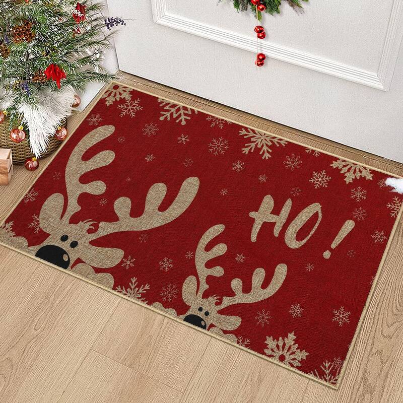 Garvee Christmas Door Mat 17x29in Easy Jute Non Slip Washable Durable Red Reindeer Snowflake Kitchen Bath Rug