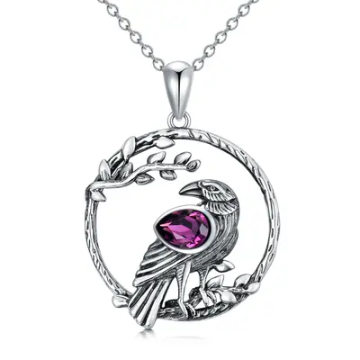 Sterling Silver Crystal Raven Pendant Necklace