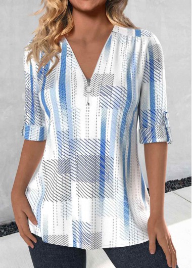 Modlily Sky Blue Zipper Striped 3/4 Sleeve V Neck Blouse - XL