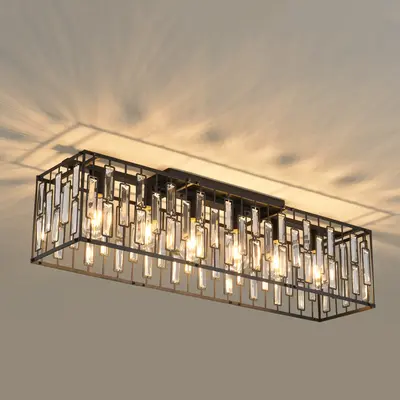 Garwarm 38.7in Crystal Chandelier for Living Room, 6-Light Rectangle Flush Mount Ceiling Light Modern Chandeliers for Dining ...