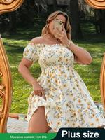 【Plus Size】 Floral Print Frill Trim Shirred Dress, Elegant Fashion Casual Off Shoulder Dress for Daily Outdoor Wear, Wom...