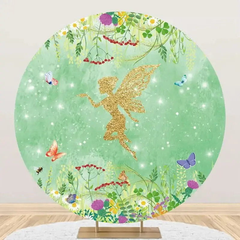 Spring Green Floral Gold Elf Round Birthday Backdrop - Aperturee