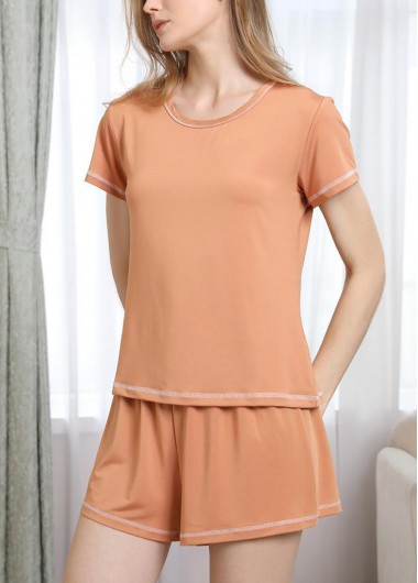 Modlily Orange Short Sleeve Round Neck Lounge Top and Shorts - S