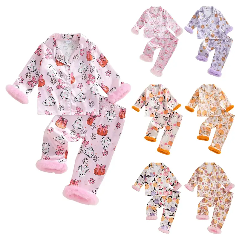 Kids Girls Halloween Pajama Sets Long Sleeve Lapel Floral Pumpkin/Ghost Print Shirt Pants Sleepwear（1-7T）